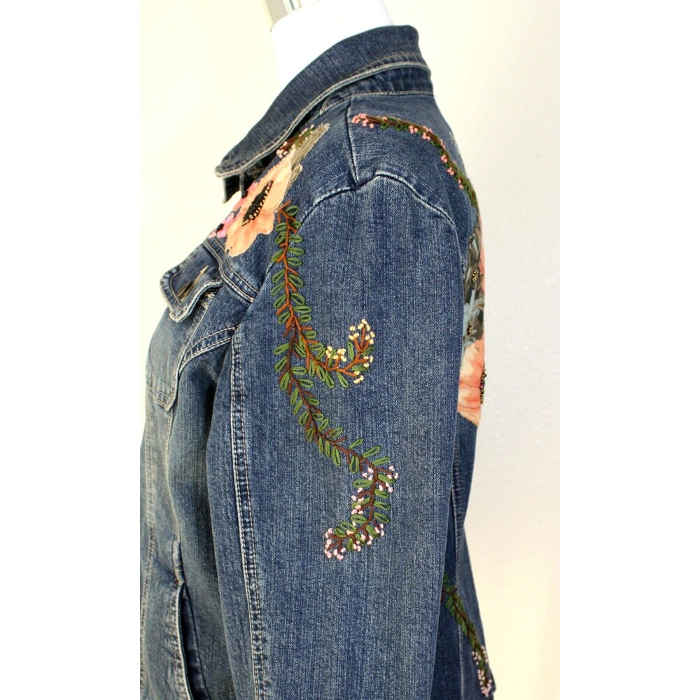 Upcycled OOAK LIVE A LITTLE Denim Jacket Embroidered Beaded Floral Applique XL * - Picture 12 of 13